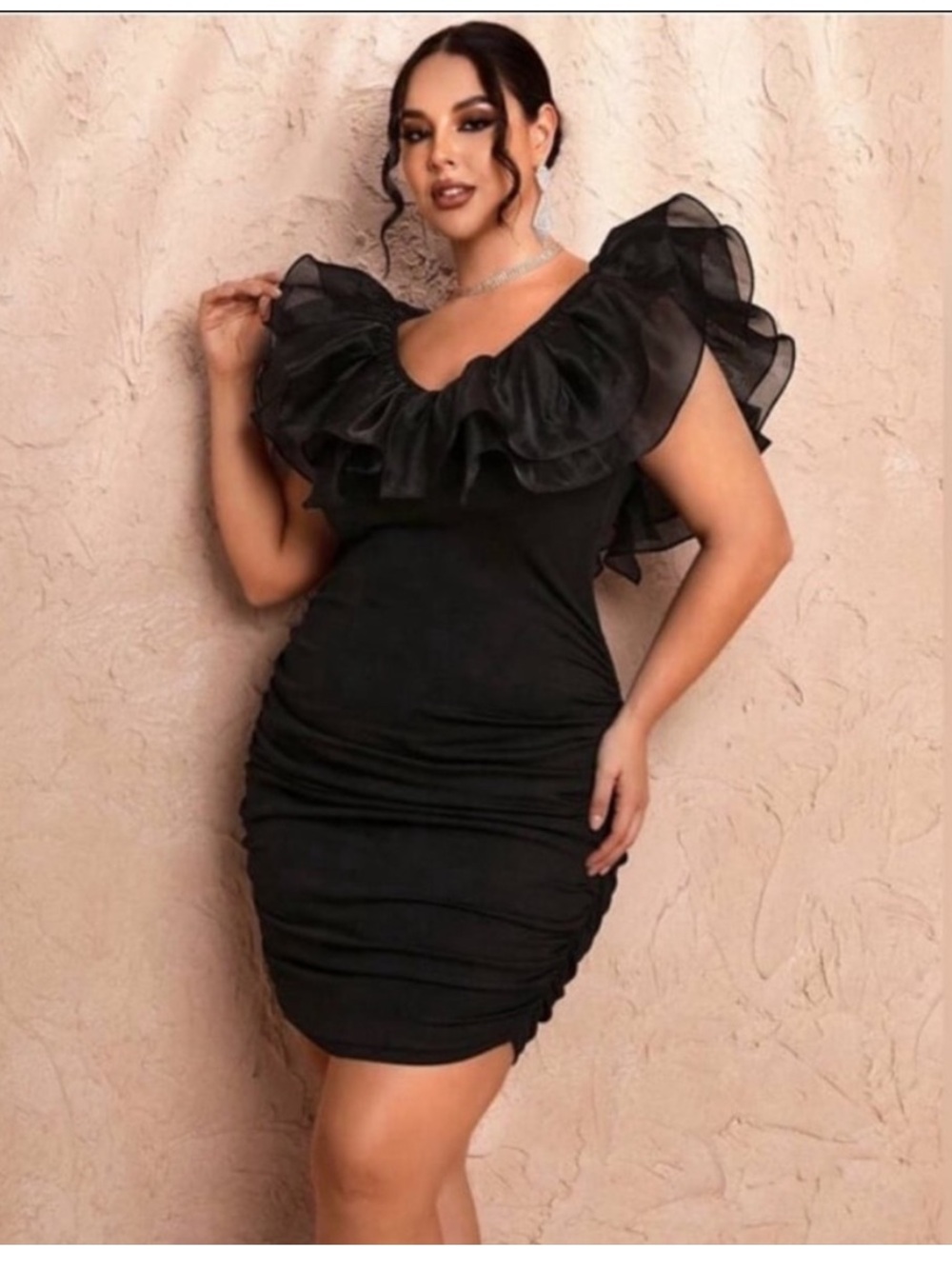 Black Ruffle Off-Shoulder Bodycon Dress - Picture 6 of 11